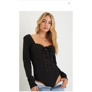 NWT Lulus Lace Up Corset Long Sleeve Bodysuit Black Medium